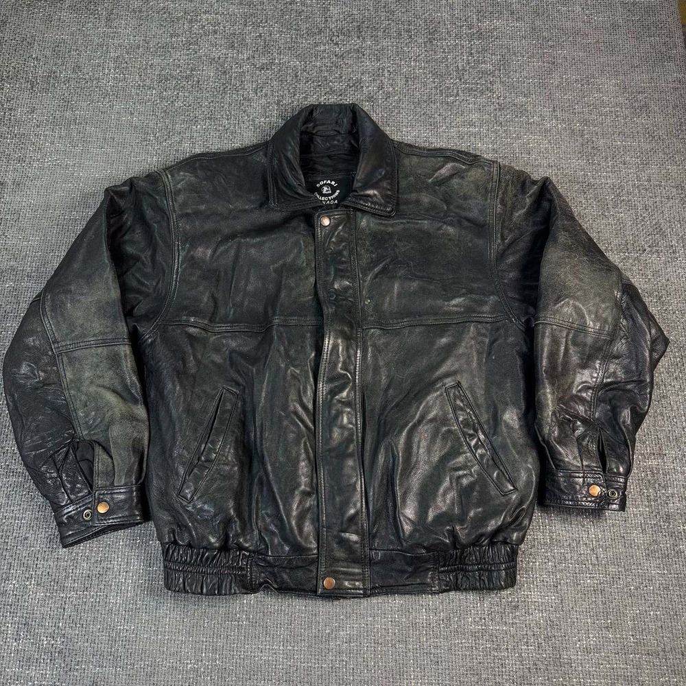 Safari Collection Leather Bomber Jacket Mens L Black Vintage 90s Distressed